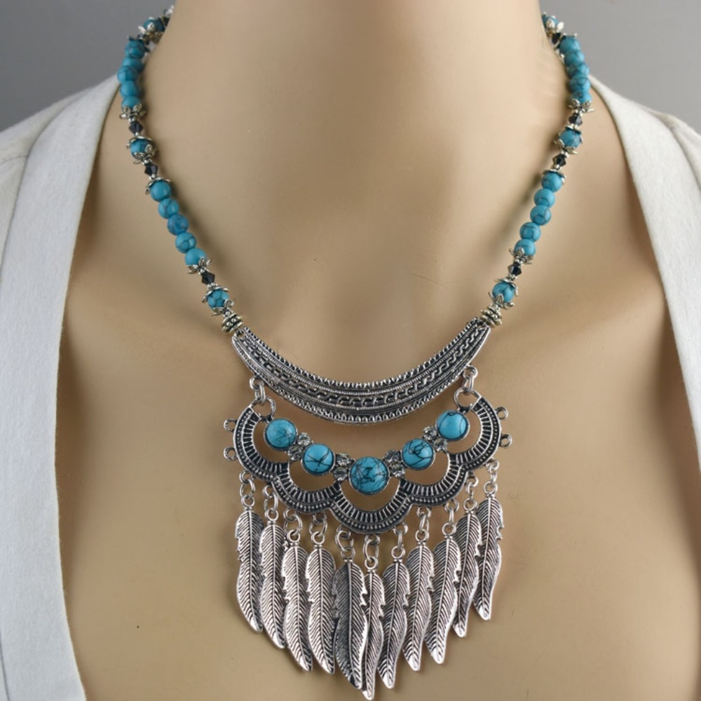 HOBO Dangle Feather Turquoise Necklace Set